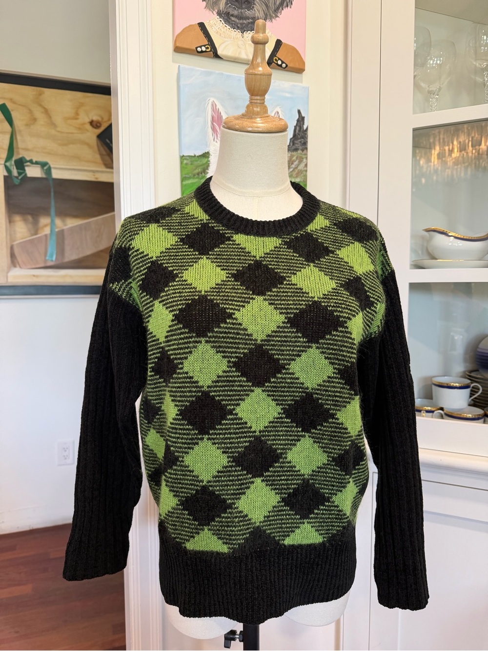 Dior Women's Black and Green Argyle Crewneck Sweater